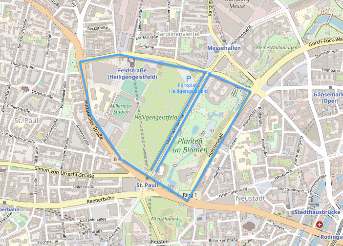 Alternativroute 1: St. Pauli Mitte/Nord
Glacischaussee - Feldstraße - Neuer Kamp - Budapester - Millerntorplatz - Holstenwall - Sievekingplatz - Glacischaussee