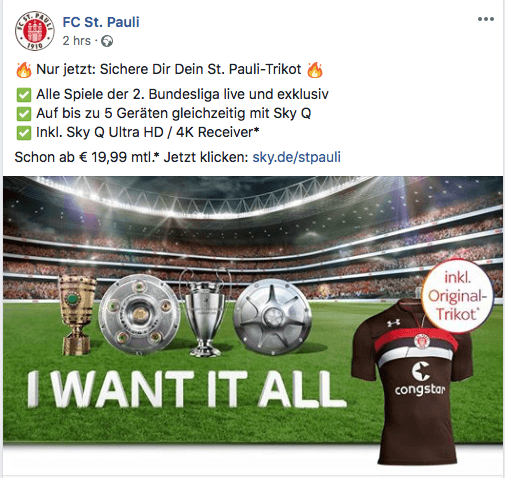 Werbeposting des FC St. Pauli für Sky auf Facebook